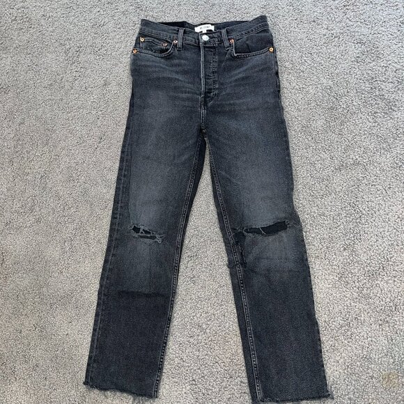RE/DONE Jeans SIZE 28  70s Stovepipe Distressed Blown Out Knees Faded Coal Rips - Picture 1 of 14